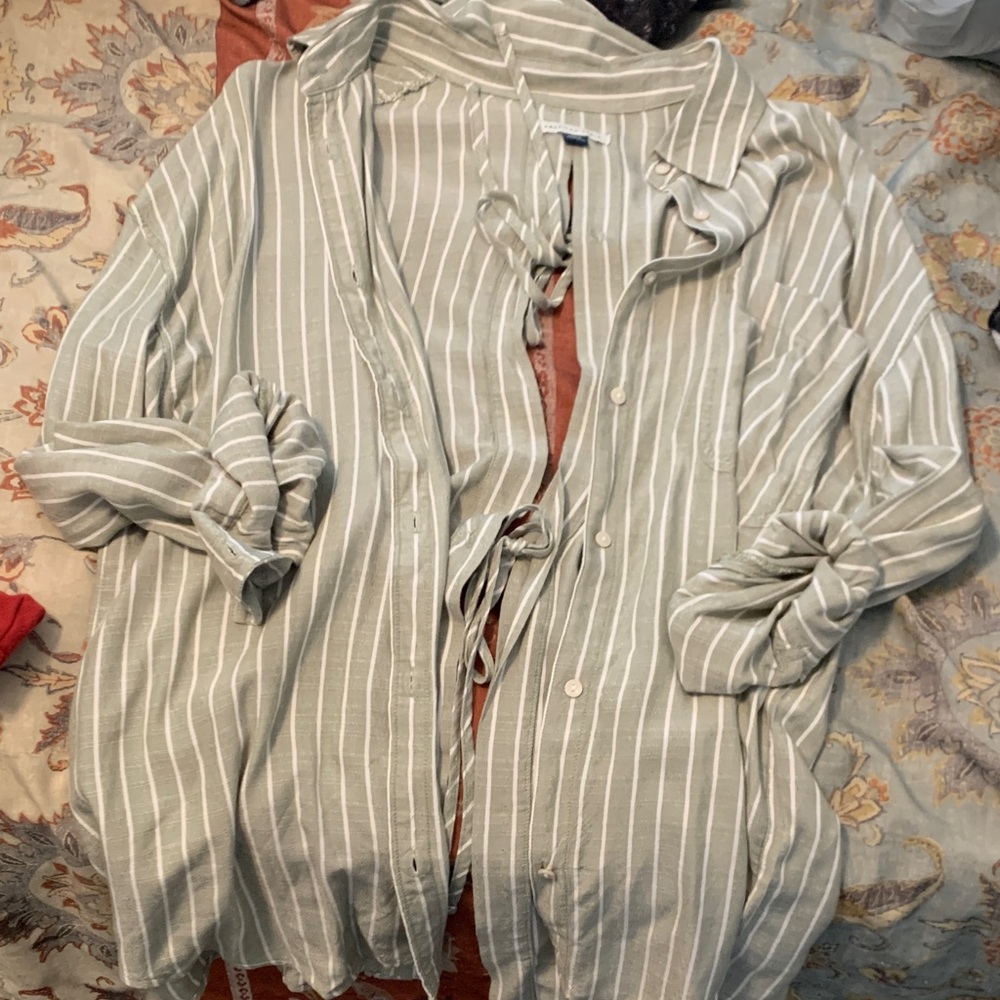 American Eagle Outfitters Green Striped Button Down Shirt
